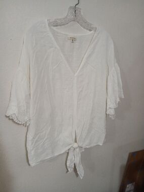 Max Studio White Eyelet-Sleeve Tie-Front Blouse